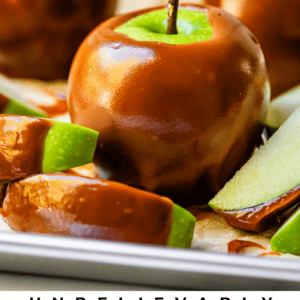 Caramel apple on a pan with sliced caramel apples around it.