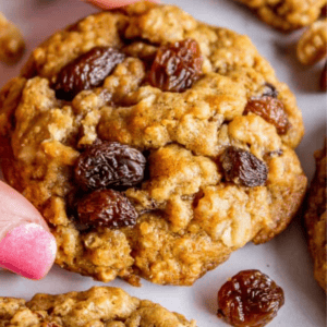 Close-up of a hand picking up an oatmeal raisin cookie from a batch on a white surface, with visible oats and raisins. Text below reads: “Oatmeal Raisin Cookies - The Food Charlatan.”.