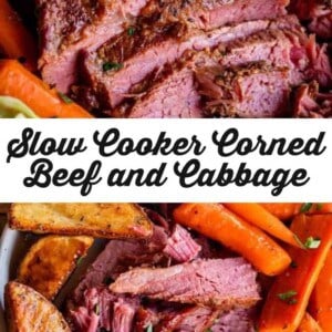 Two images of sliced corned beef and cabbage served with roasted potatoes and carrots. Text in the center reads “Slow Cooker Corned Beef and Cabbage.” The meal appears well-cooked and garnished with fresh herbs.