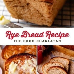 A collage of rye bread: a loaf on a cooling rack, a toasted slice with melted butter, and several slices on a cutting board beside jam. Overlaid text reads “Rye Bread, The Food Charlatan.”.