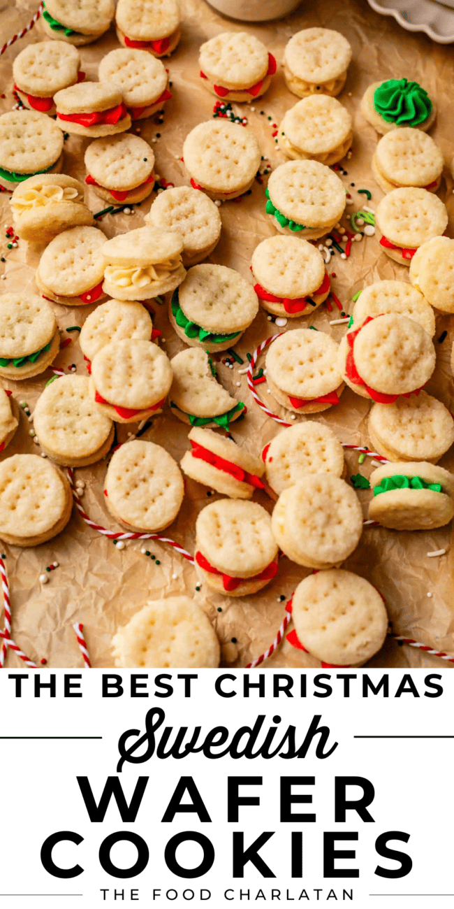 pinterest image of swedish wafer cookies with text "the best christmas swedish wafer cookies".