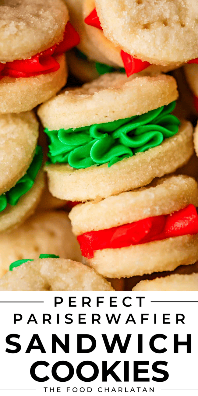 pinterest image of small sandwich cookies with text "perfect pariserwafier sandwich cookies".
