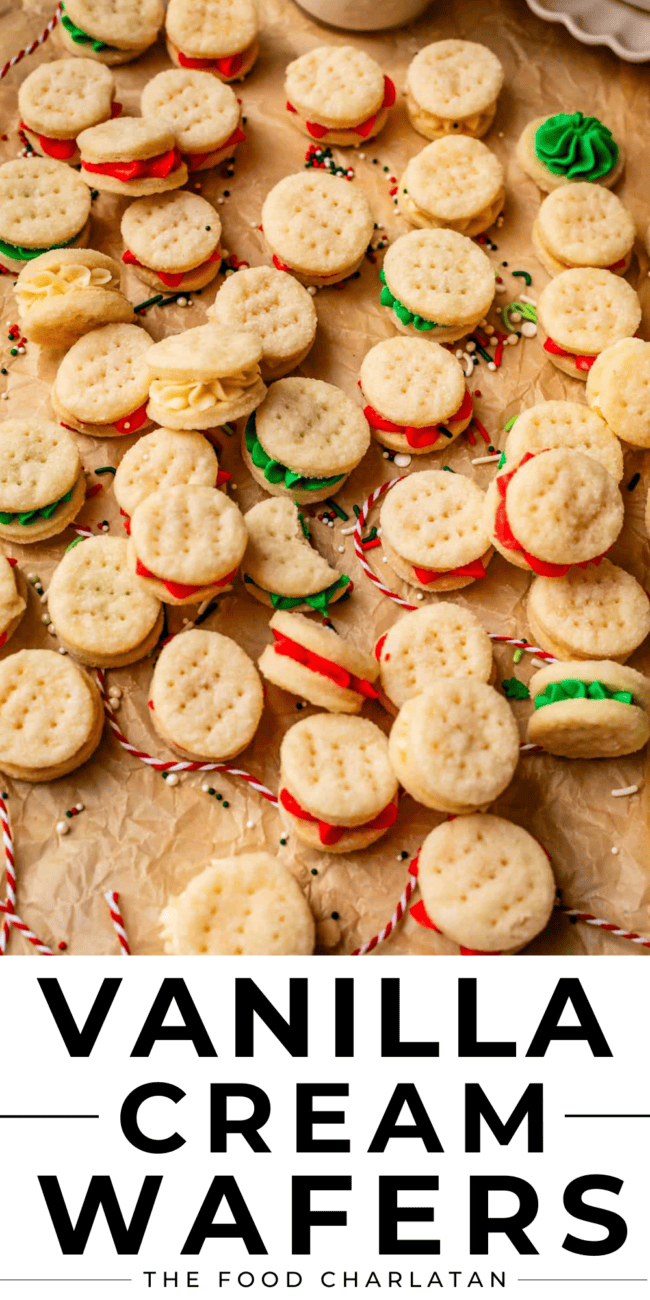 pinterest image of dozens of small cookies with text "vanilla cream wafers".