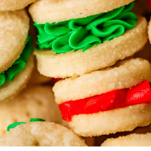 pinterest image of cookie sandwiches with text "cream wafer cookies".