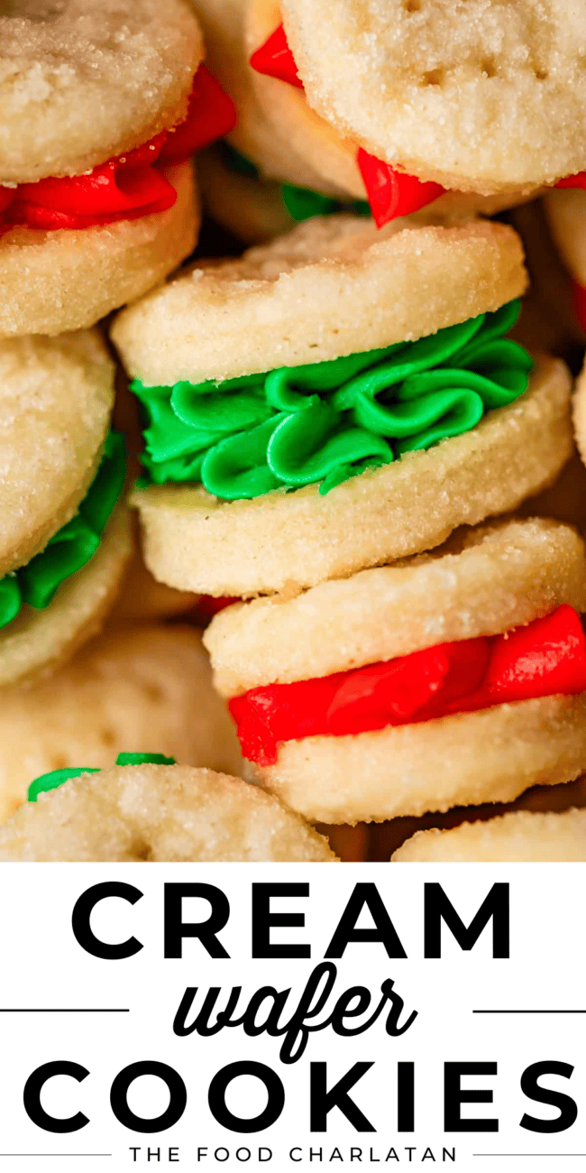 pinterest image of cookie sandwiches with text "cream wafer cookies".
