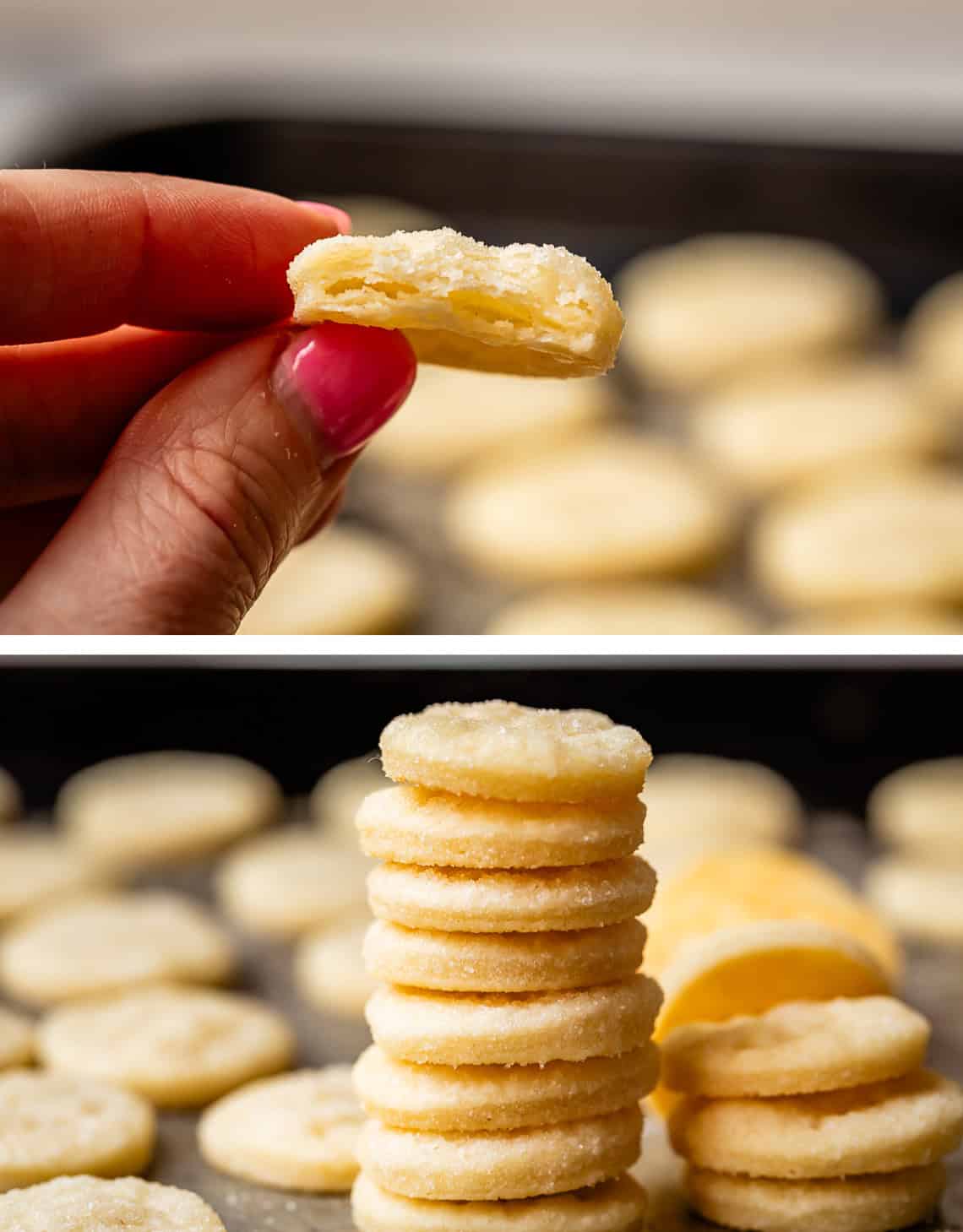 top: finger and thumb holding a cookie showing flaky layers; bottom: stacked cookies.