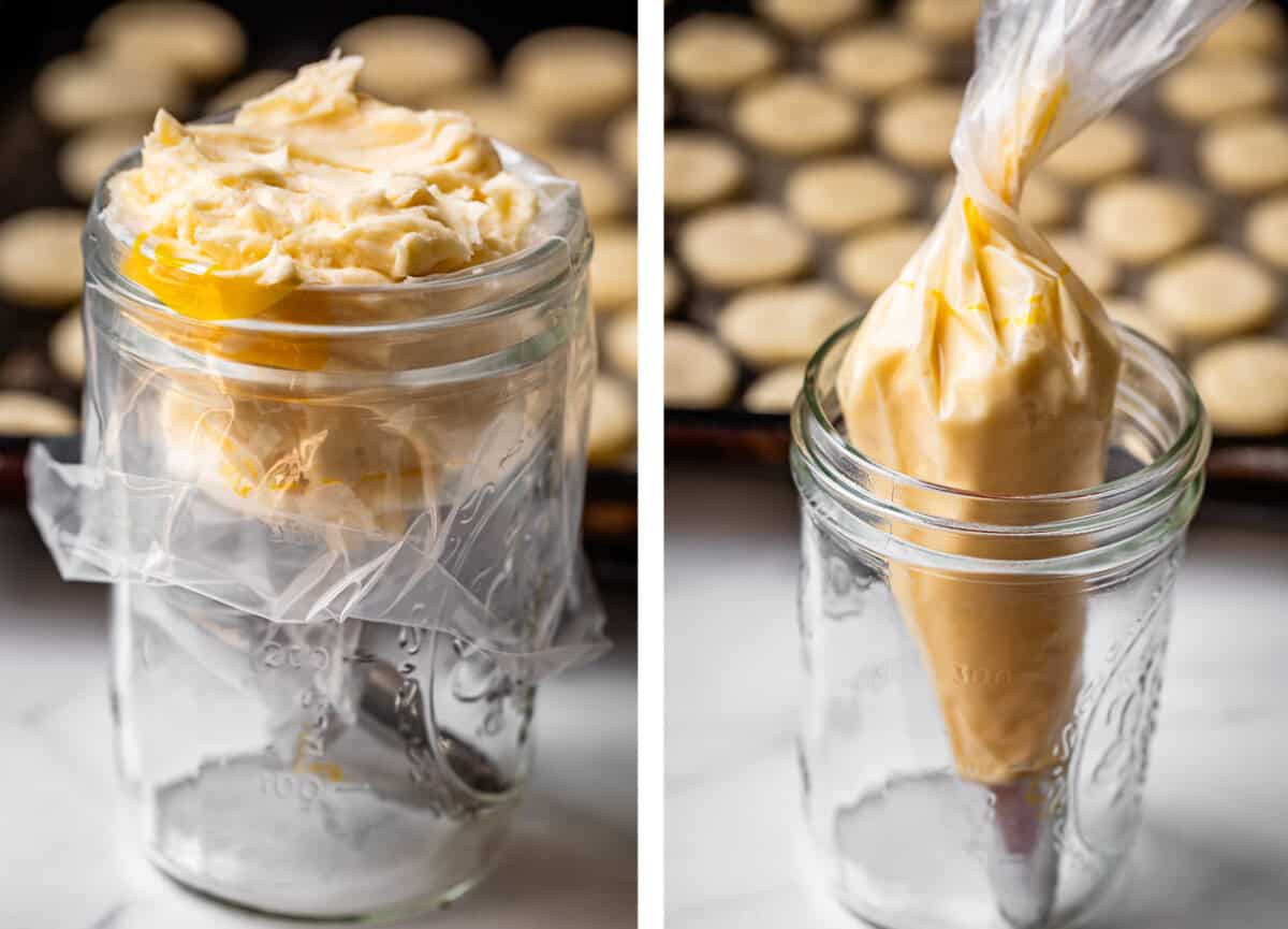 left: adding frosting to a piping bag; right: bag filled and twisted at the top.