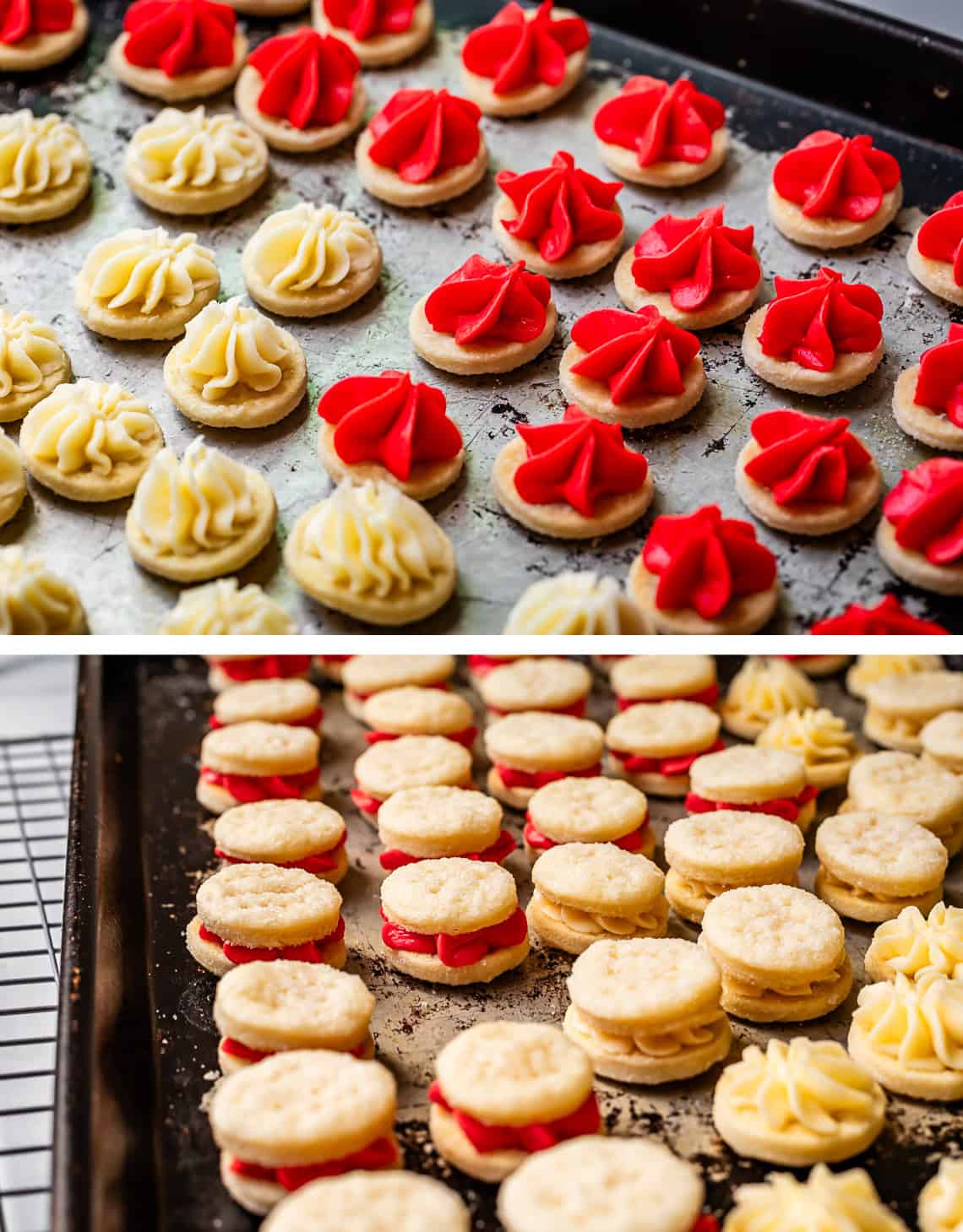 top: cookies with piped frosting on them; bottom: tops added to make them sandwiches.
