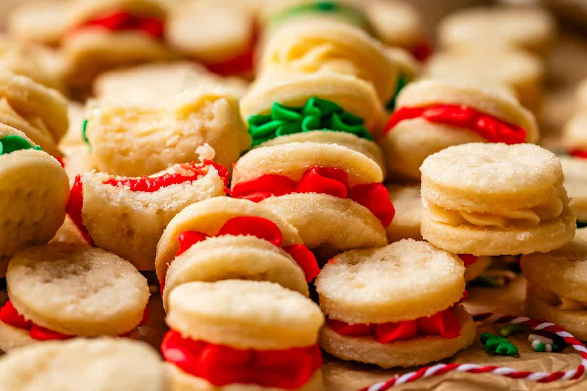 perfectly poppable vanilla cream wafers with Christmas color frosting.