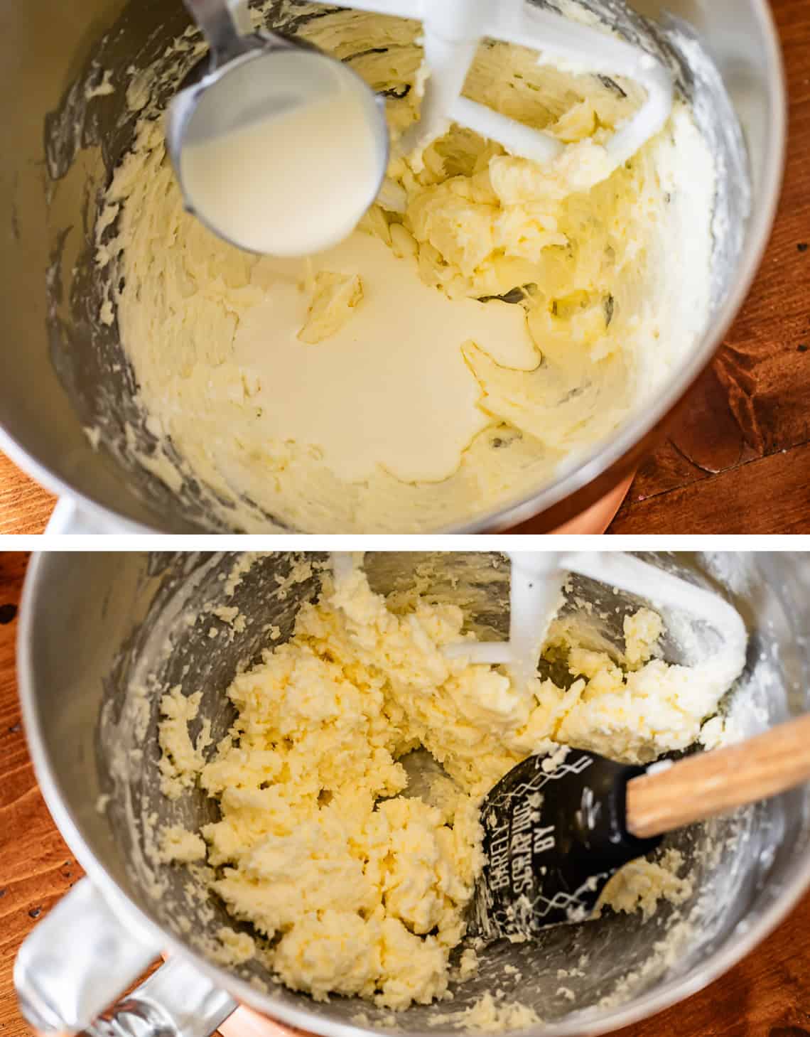 top: hand pouring cream into beaten butter; bottom: cream whipped into butter.