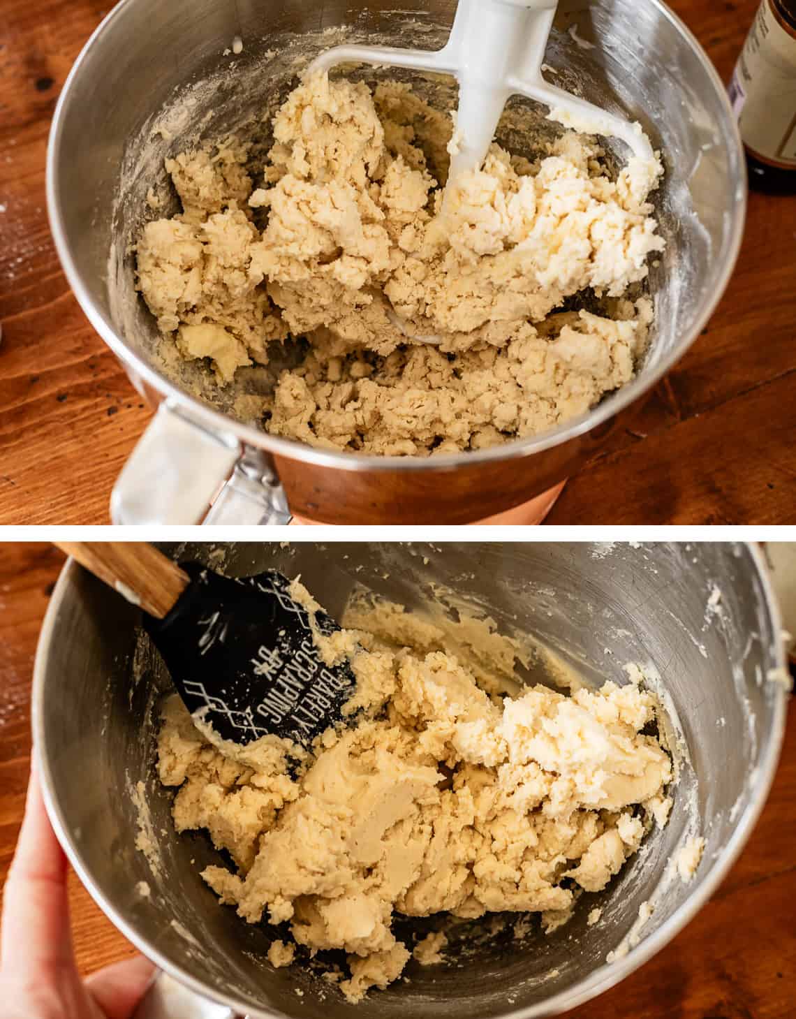 top: dry ingredients mixed in; bottom: dough starting to take shape into a ball.