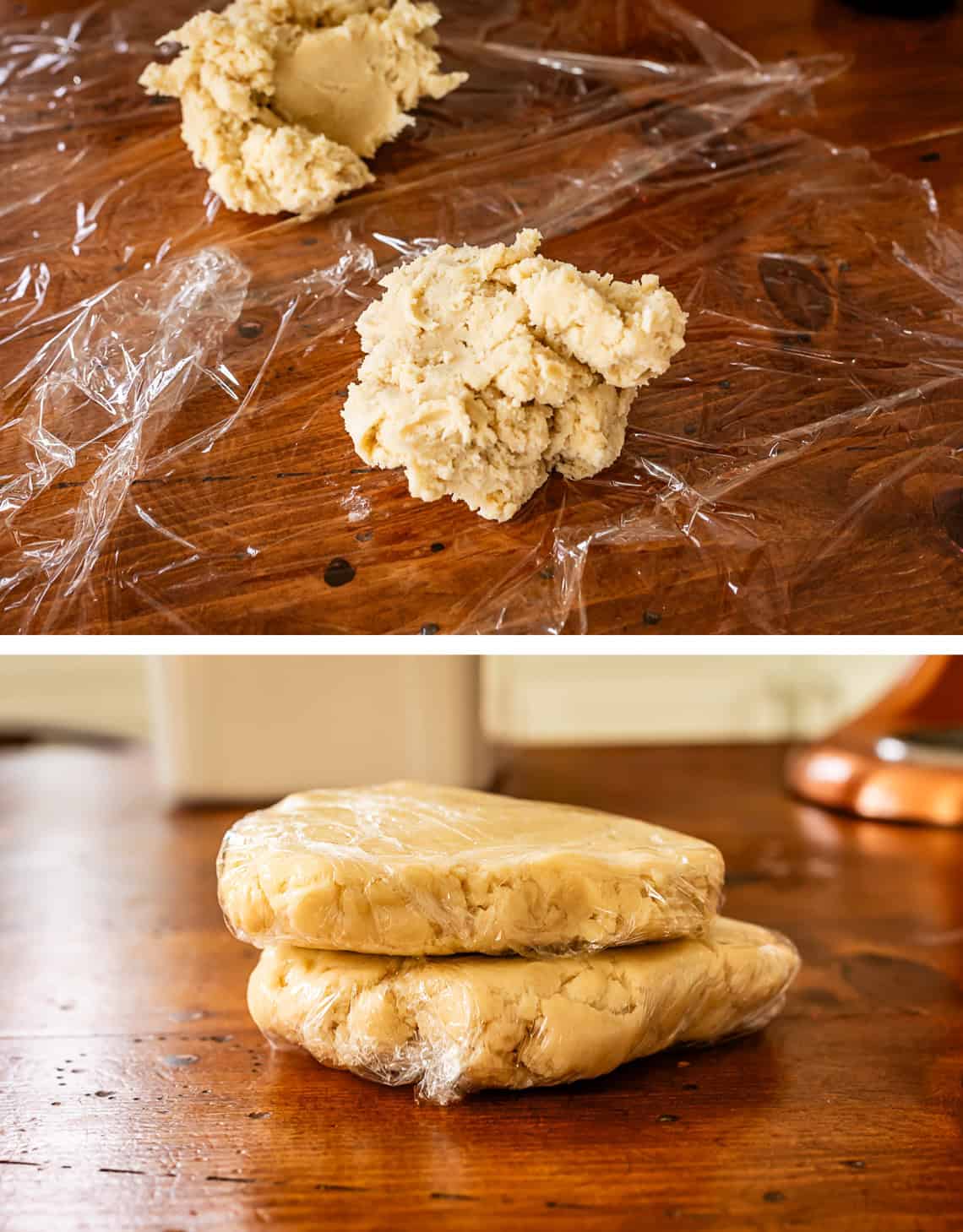 top: two balls of dough on plastic wrap; bottom: dough dics wrapped in plastic.