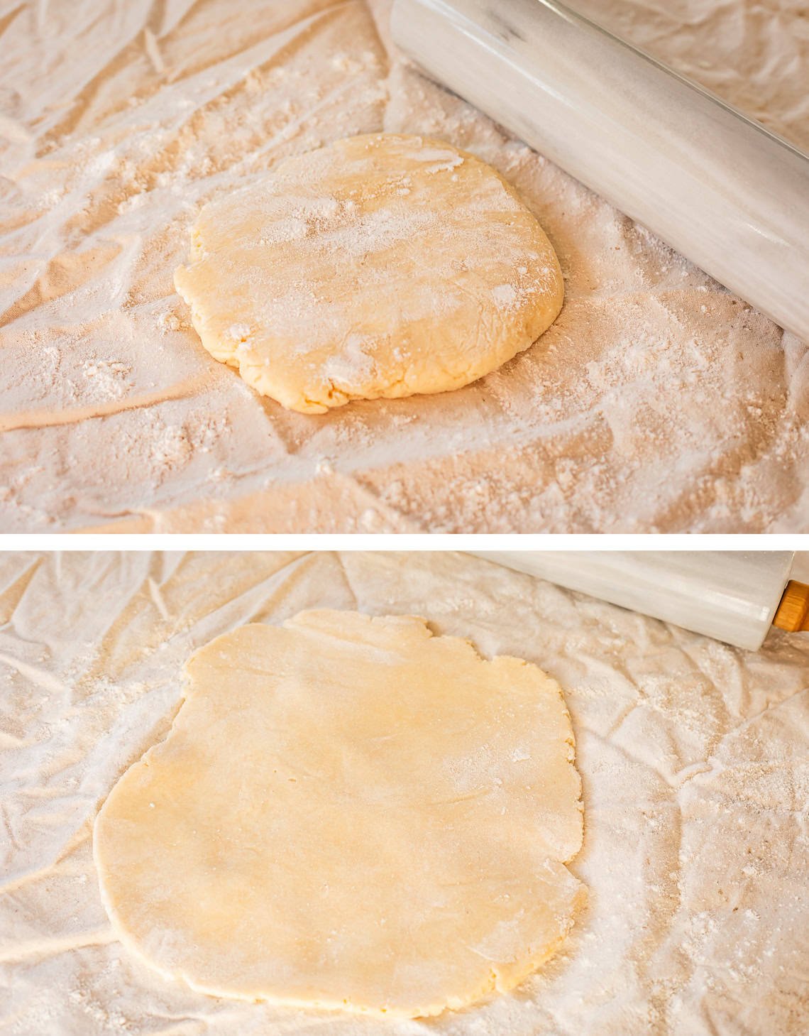 top: floured dough disc ready to roll; bottom: dough rolled out.