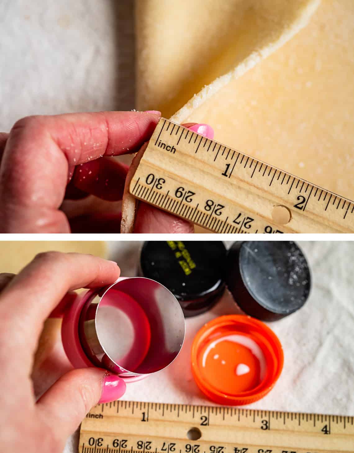 top: ruler showing dough rolled out to 1/8"; bottom: cutout about the size of a milk cap.