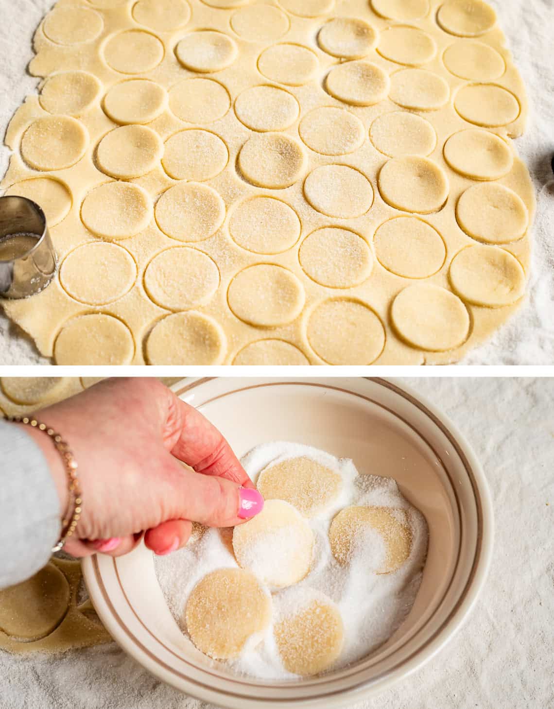 top: rolled out dough with a few dozen circles cut into it; bottom, dipping circles in sugar.