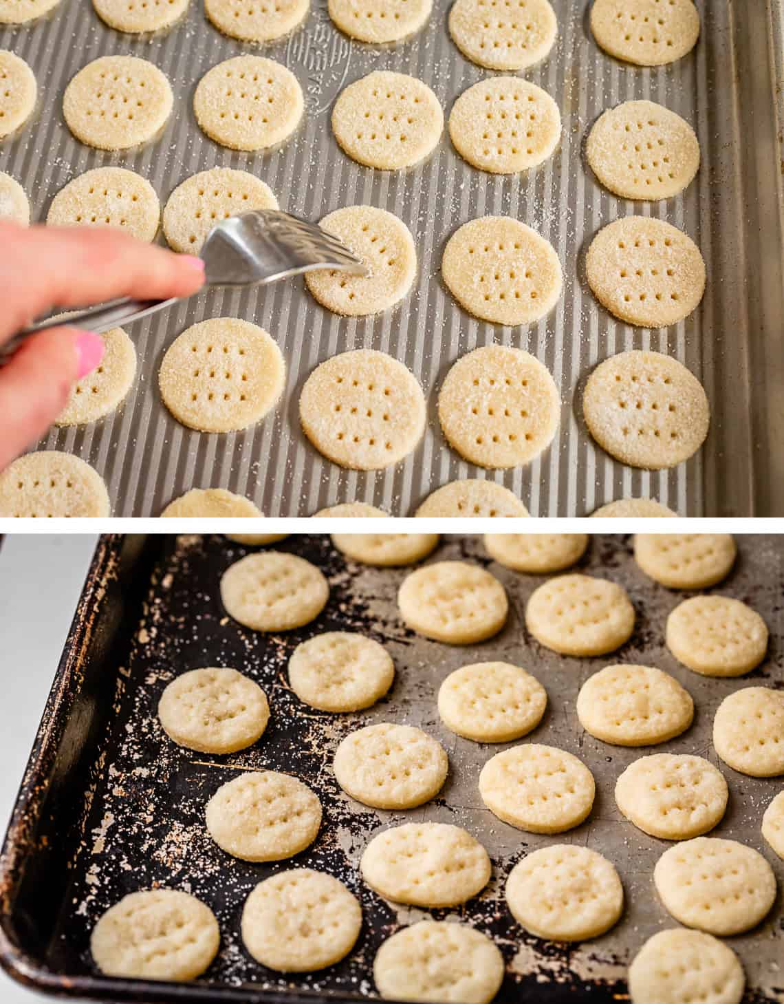 top: fork pricking dough circles on pan; bottom: baked cookies still on pan.