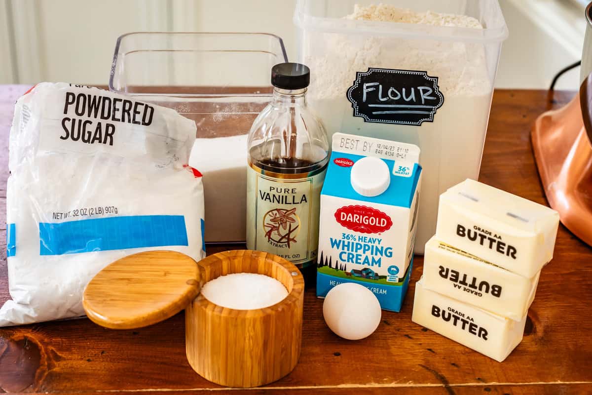 ingredients for cream wafer cookies like butter, cream, sugar, and flour.