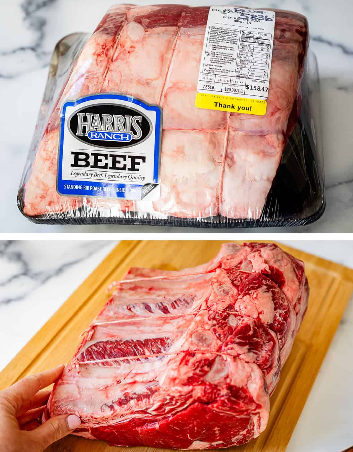top: prime rib in plastic from store; bottom: prime rib upside down with twine.