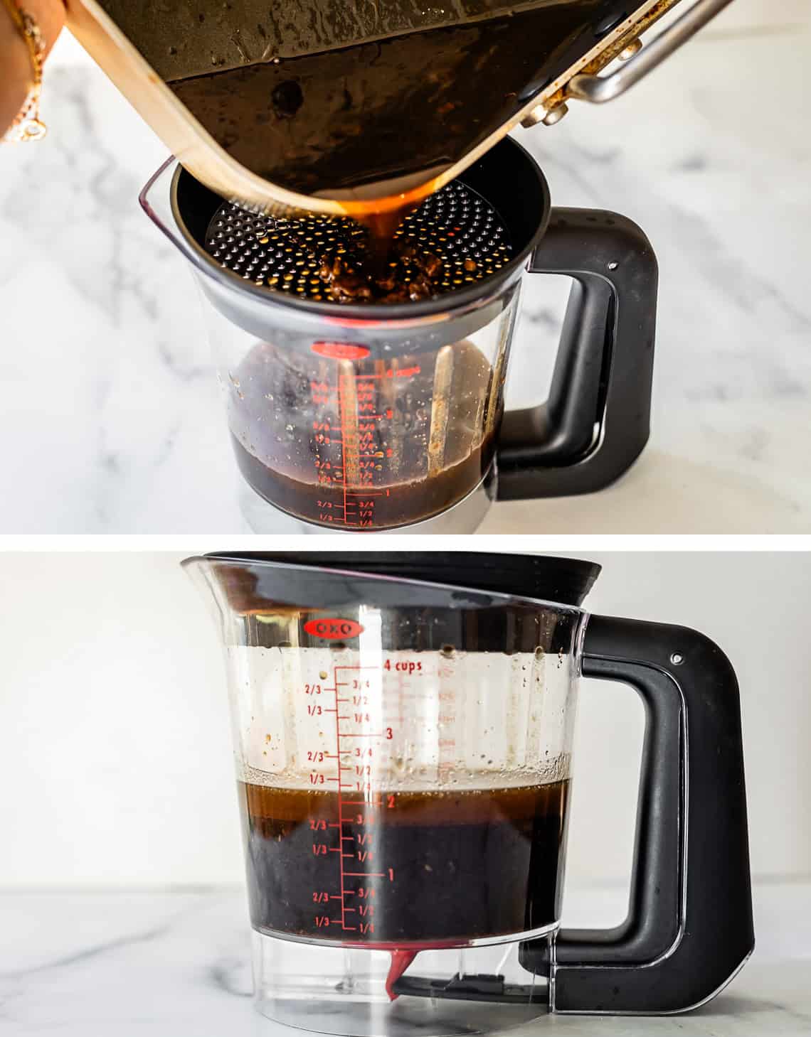 top pouring pan juices into fat separator; bottom: side view showing the fat and broth layers.