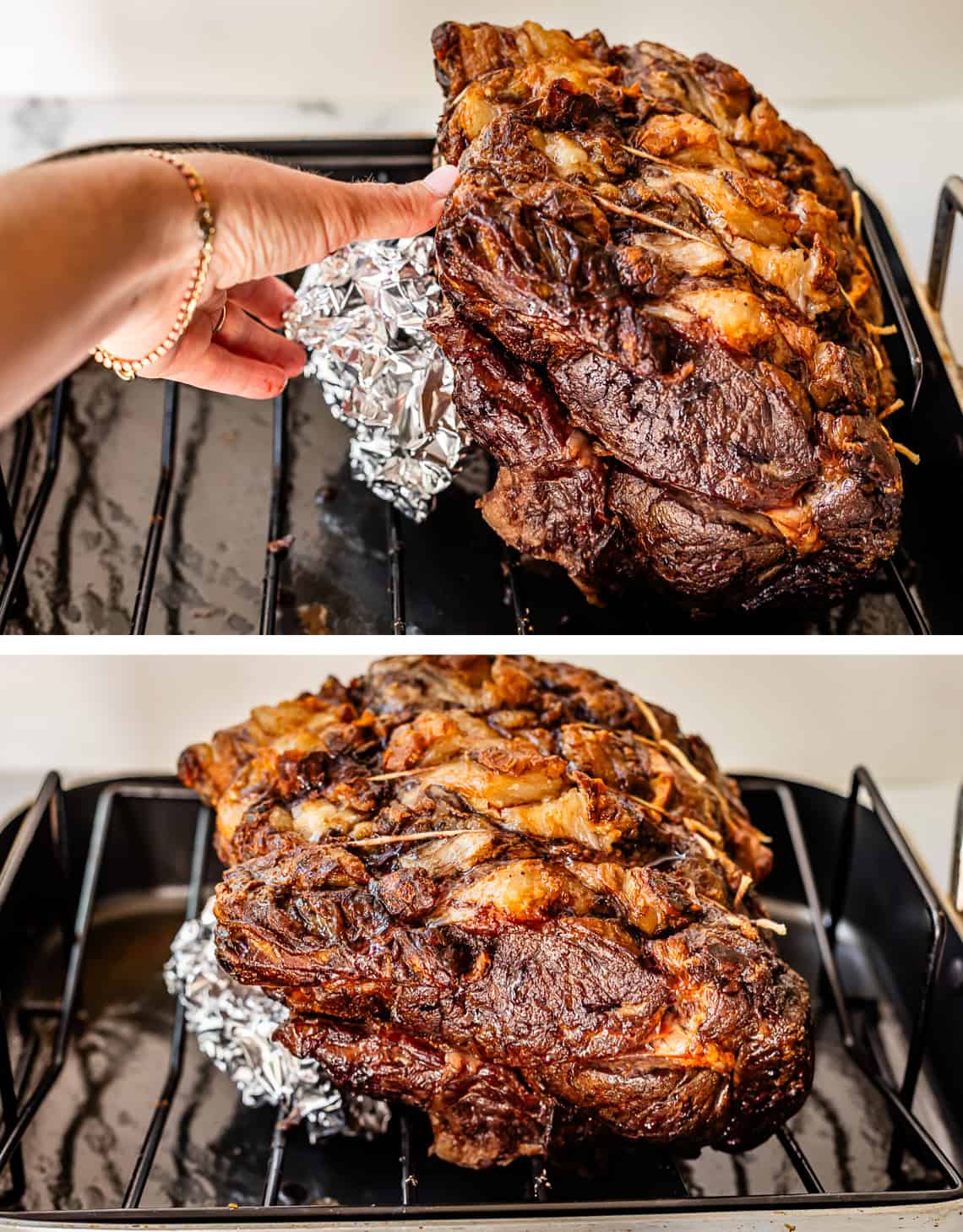 top: hand adding foil ball under roast, bottom: roast resting alone on foil ball.
