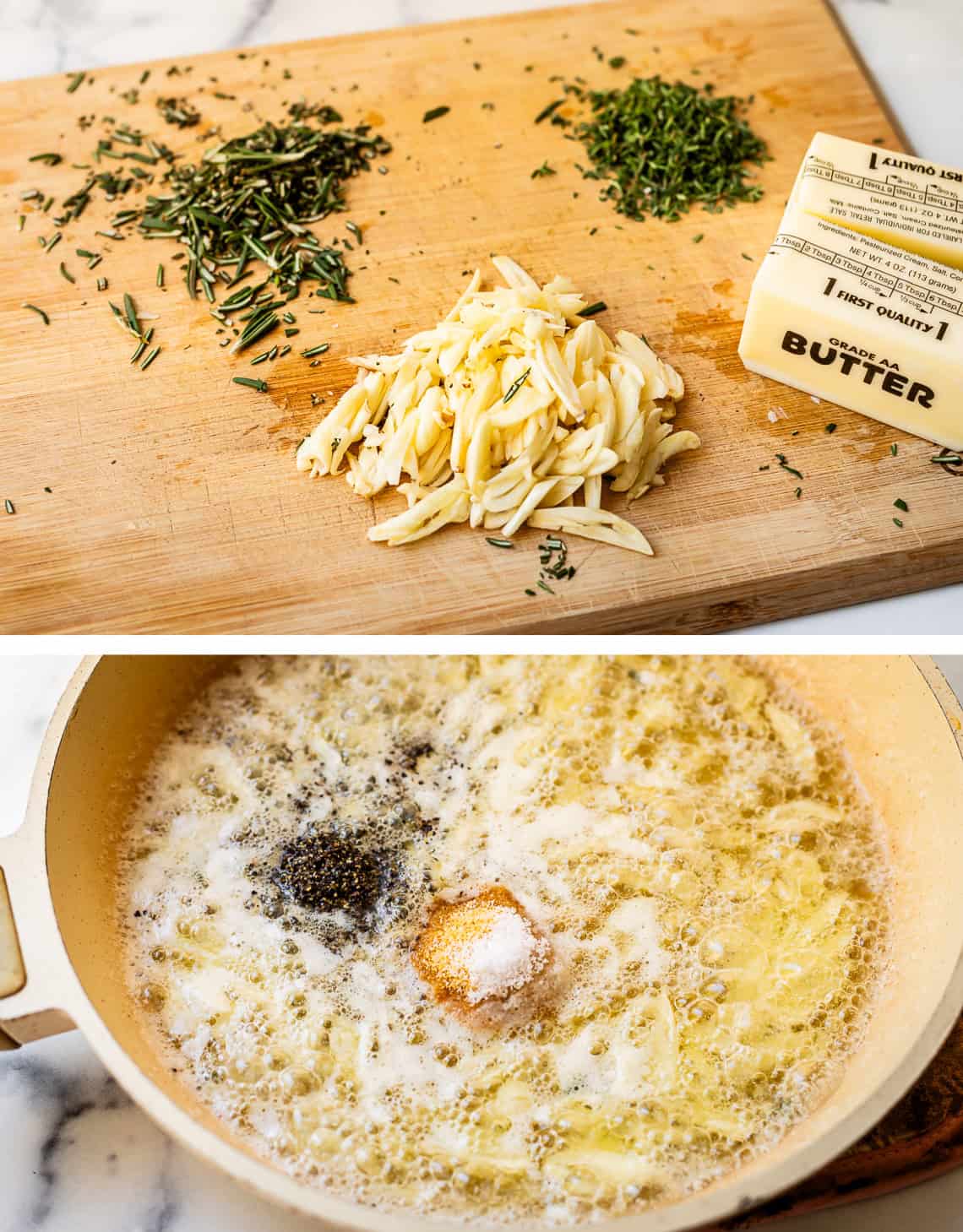 top: herbs and garlic on cutting board; bottom: butter, salt and pepper in pan.