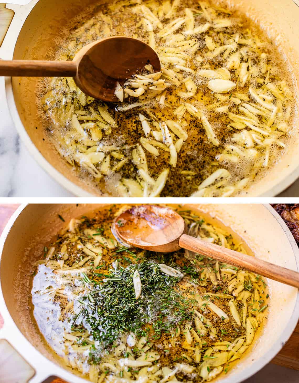 top: stirring the garlic in the butter sauce; bottom: adding herbs to sauce.