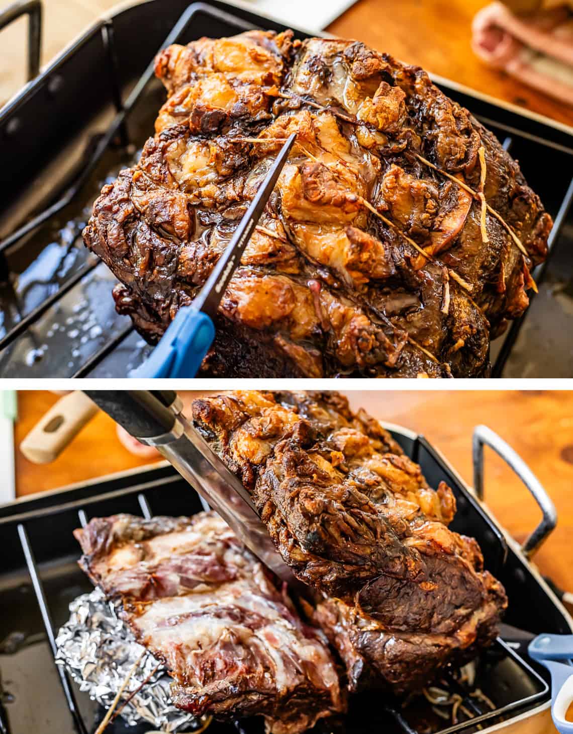 top: scissors cutting twine from roast, bottom: lifting roast away from bones.