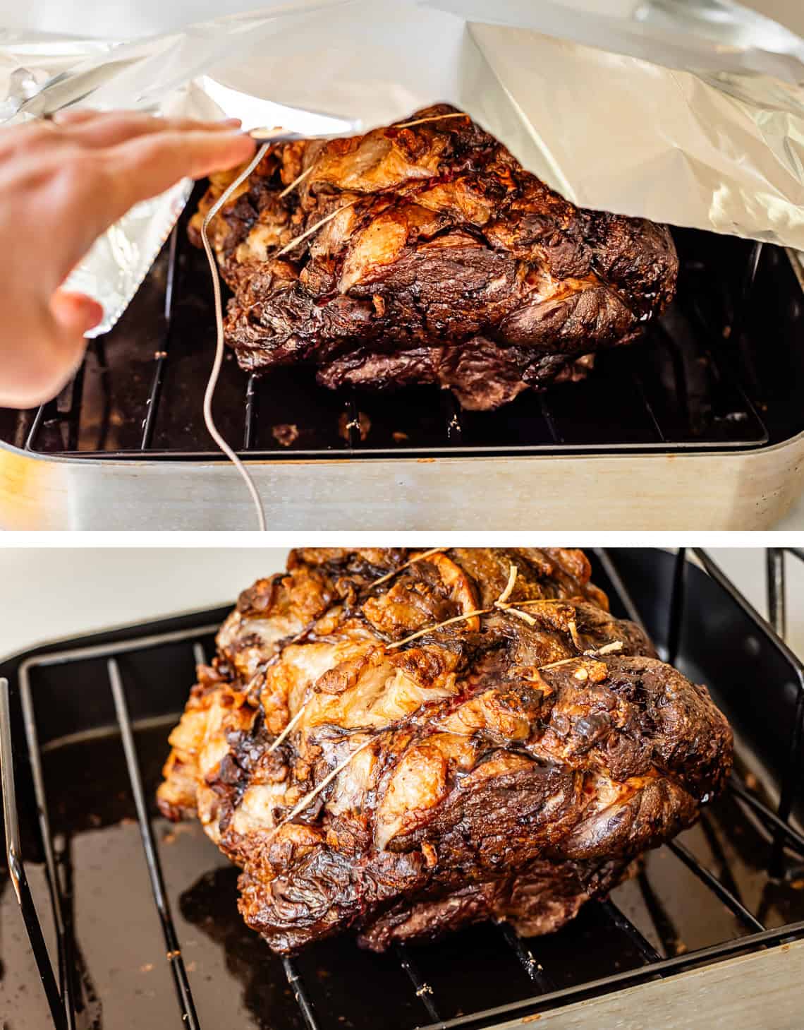top: tenting roast with foil, bottom: foil tent removed with roast resting in pan.