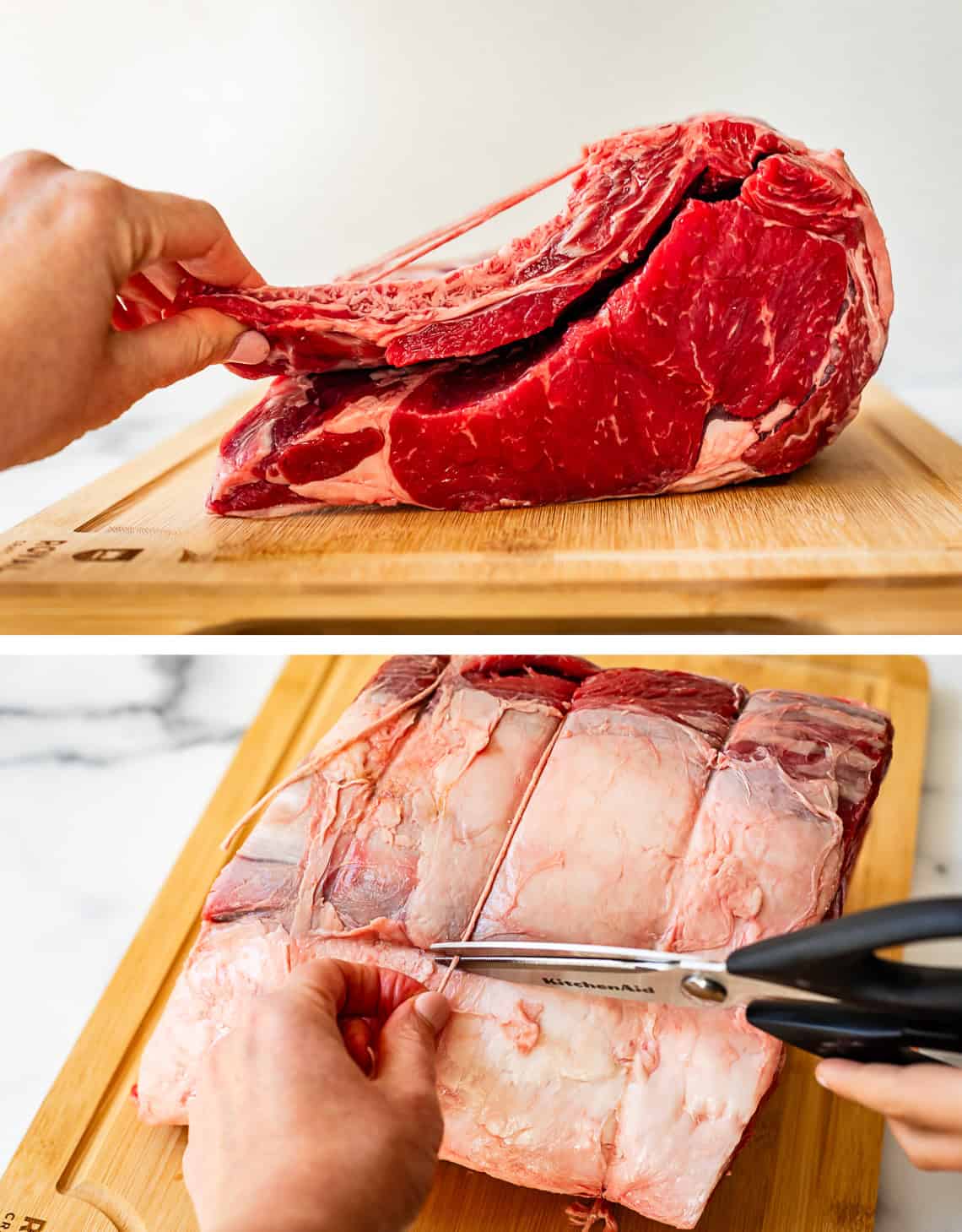 top: pulling already cut but tied ribs; bottom, cutting twine from ribs.
