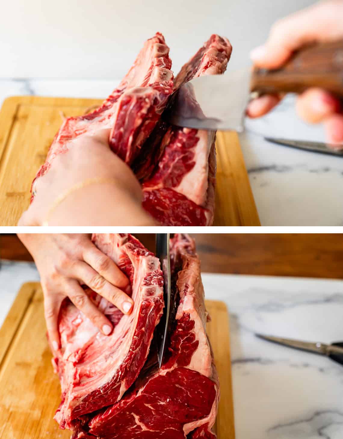 top and bottom: one hand holding ribs, the other using a knife to separate the bones.