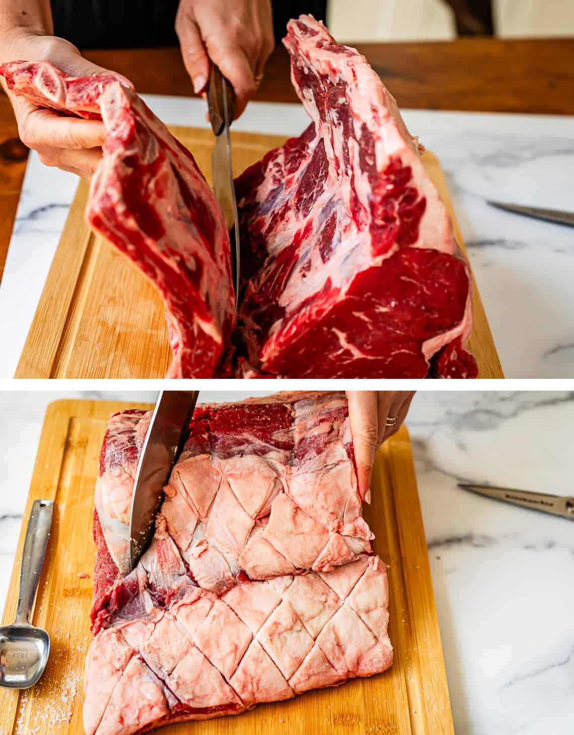 top: hand pulling bones away from meat, bottom a crosshatch pattern cut into meat.