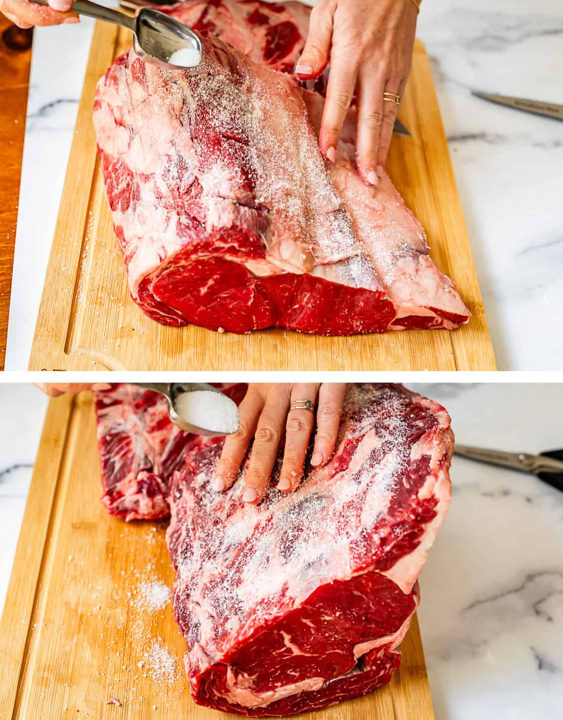 top and bottom: hands rubbing kosher salt into the prime rib.