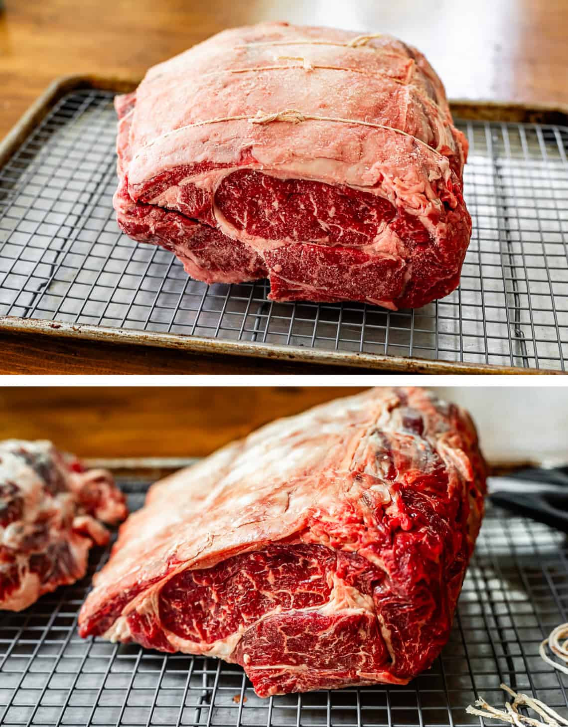 top and bottom: salted roast upraised on cooling rack on a baking sheet.