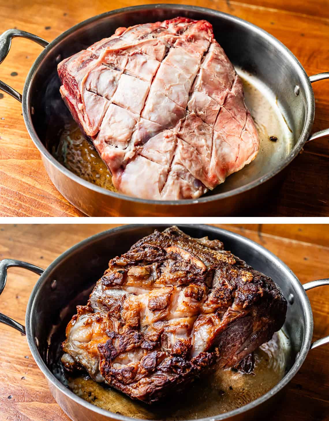 top: ribs searing with crosshatch showing, bottom: a seared side of ribs.