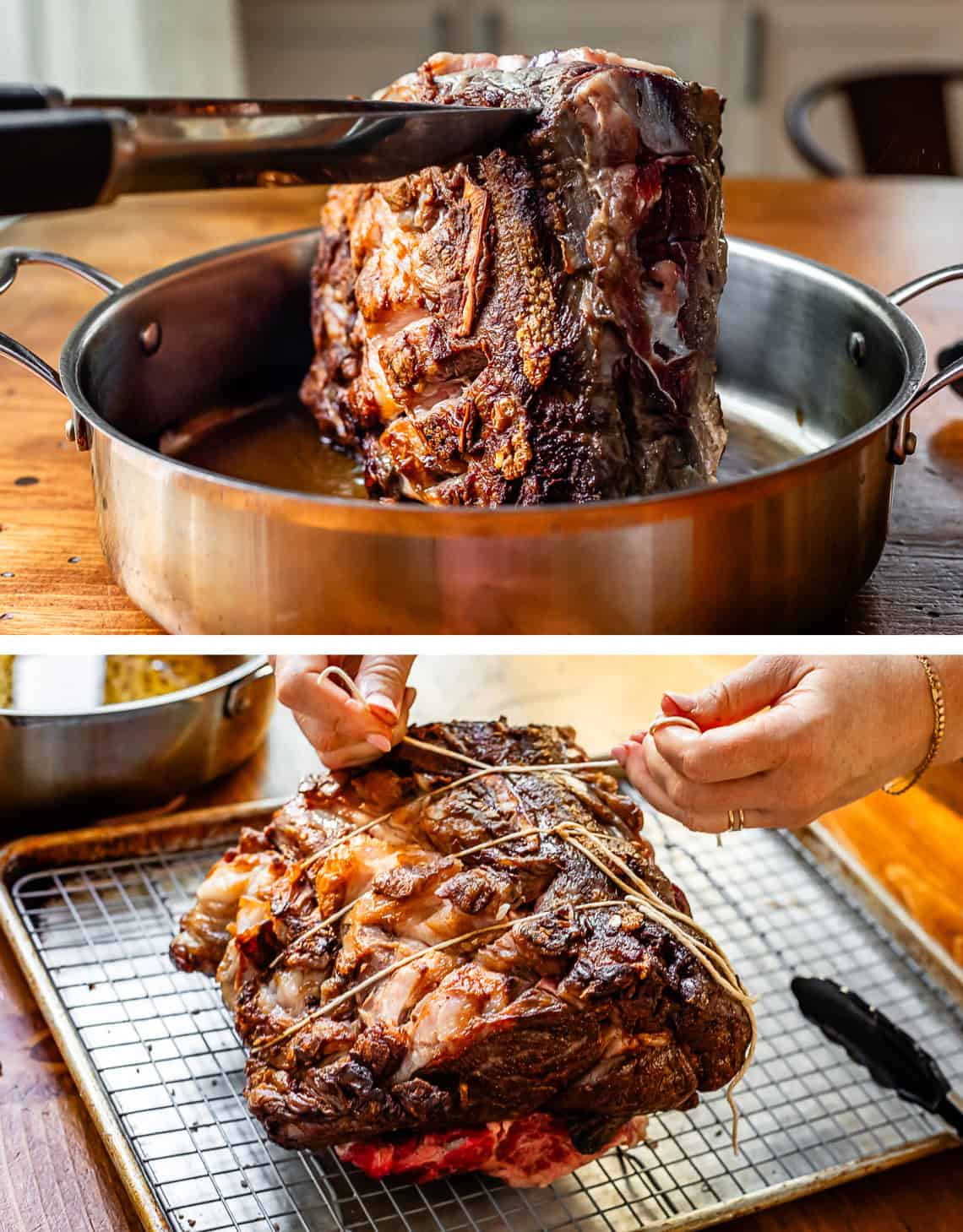 top: knife holding roast while it sears, bottom: hand tying twine on roast.