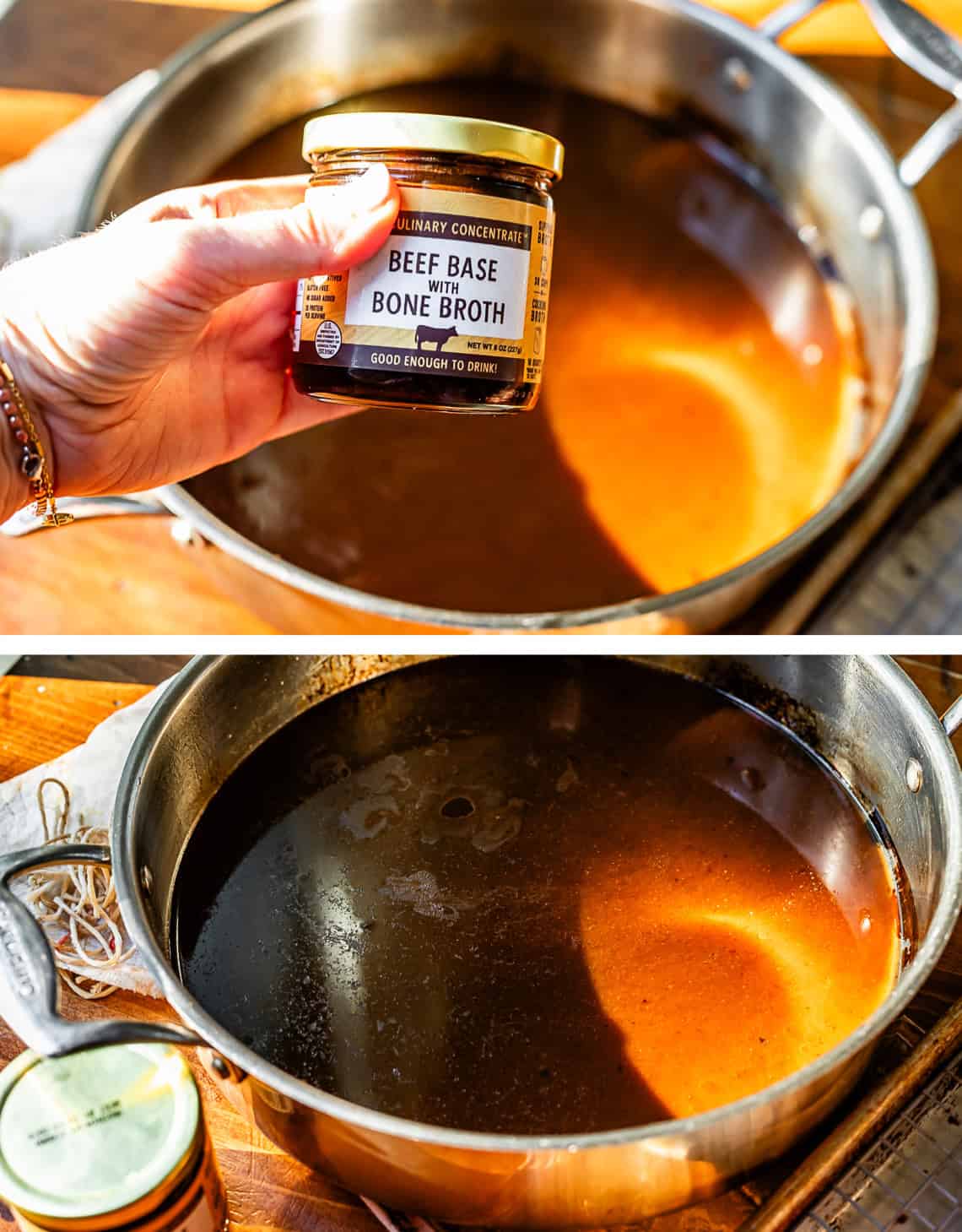 hand holding jar of beef base over pot, bottom: base all stirred in to make broth.