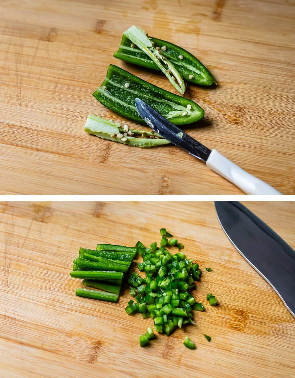 top: cutting seeds and membranes from jalapenos, bottom: dicing a jalapeno.