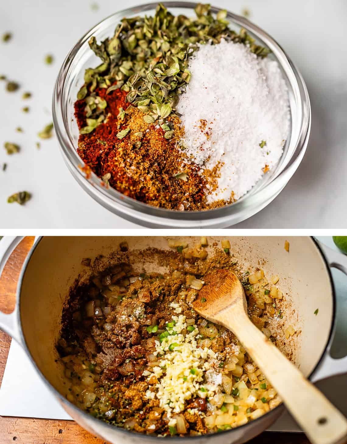 top: spices in a glass bowl, bottom: spices and garlic added to onion in pot.