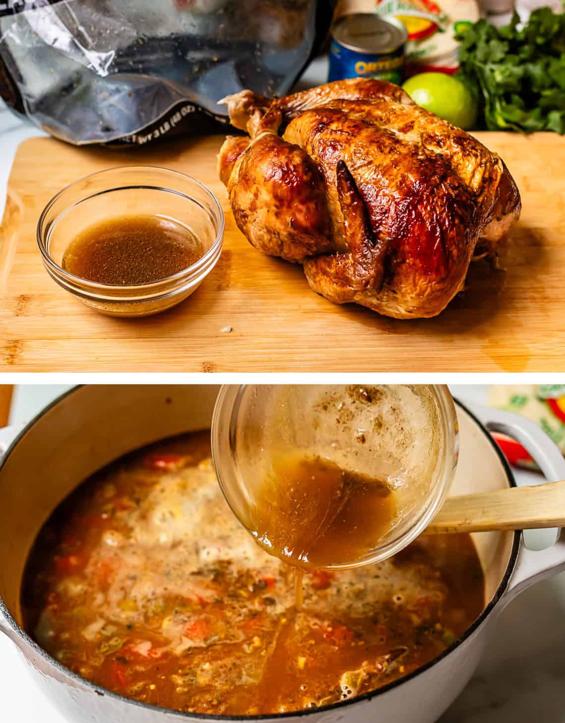 top: rotisserie chicken with bowl of drippings, bottom: pouring drippings into pot.