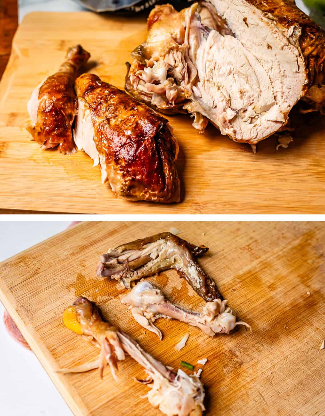 top: rotisserie chicken cut in half, bottom: stripped chicken bones on cutting board.