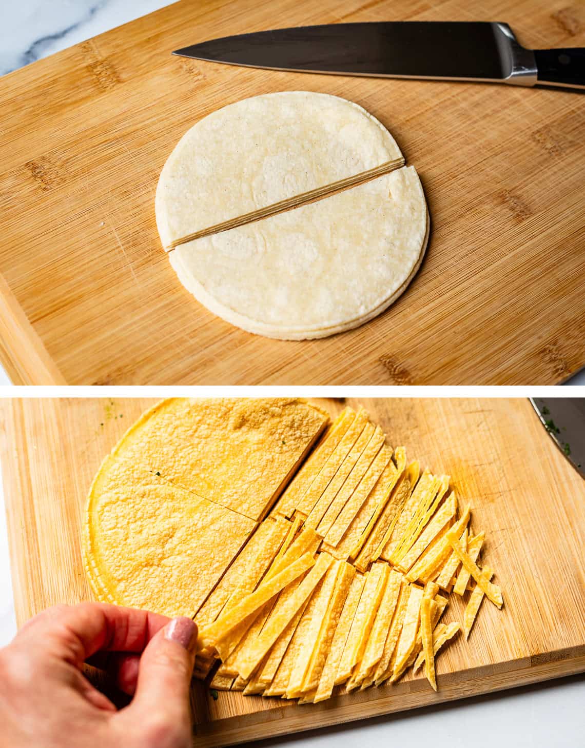 top: corn tortillas cut in half, bottom: slicing the halves into thin strips.