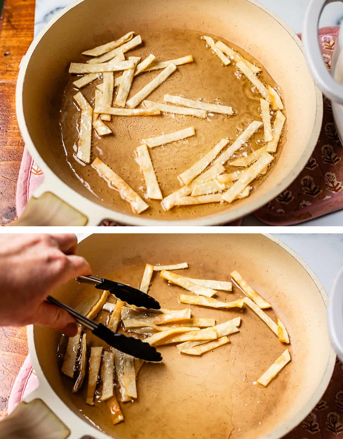 top: strips frying in oil in a pan, bottom: hand with tongs flipping the strips.