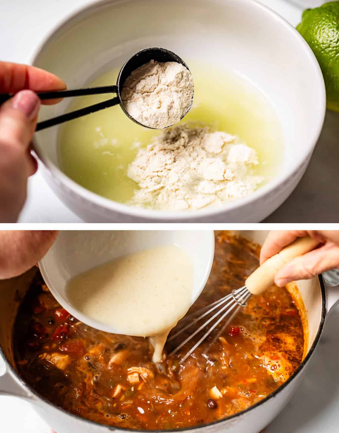 top: masa added to lime juice in a bowl, bottom: pouring that mixture into the soup.