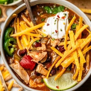 ceramic bowl filled to the brim with soup and toppings like tortilla strips and cheese.