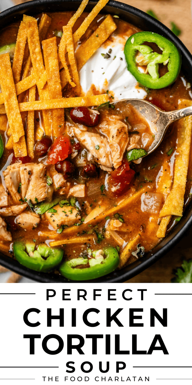 Pinterest image of soup with text "perfect chicken tortilla soup".