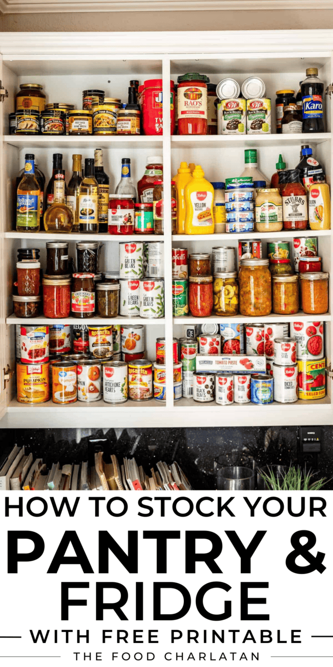 Pinterest Image of pantry with text "how to stock your pantry and fridge with free printable".