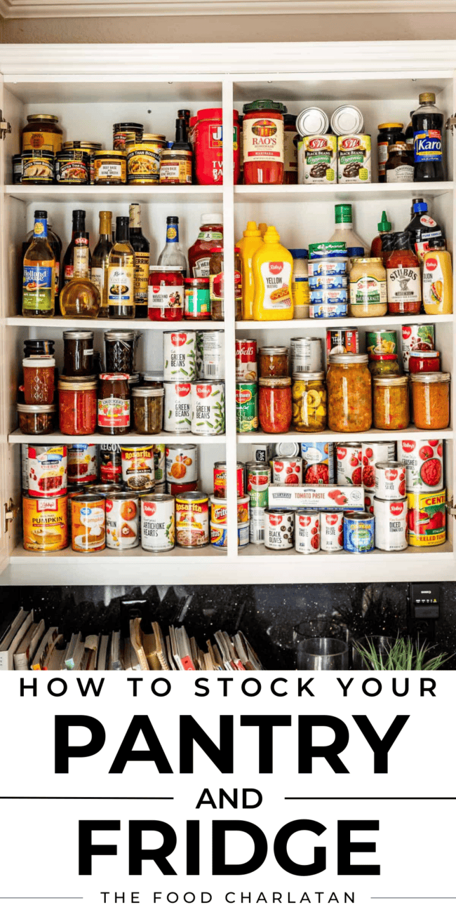 Pinterest Image of pantry with text "how to stock your pantry and fridge".
