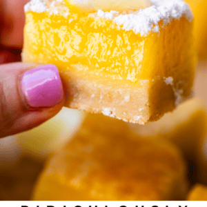 pinterest image of lemon square with text "ridiculously tart lemon bars".