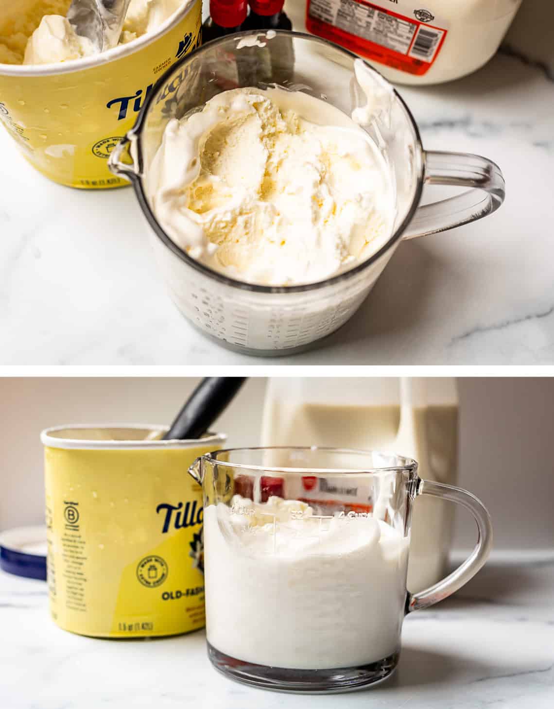 top: vanilla ice cream in liquid measuring cup, bottom: ice cream filled cup next to ice cream container.