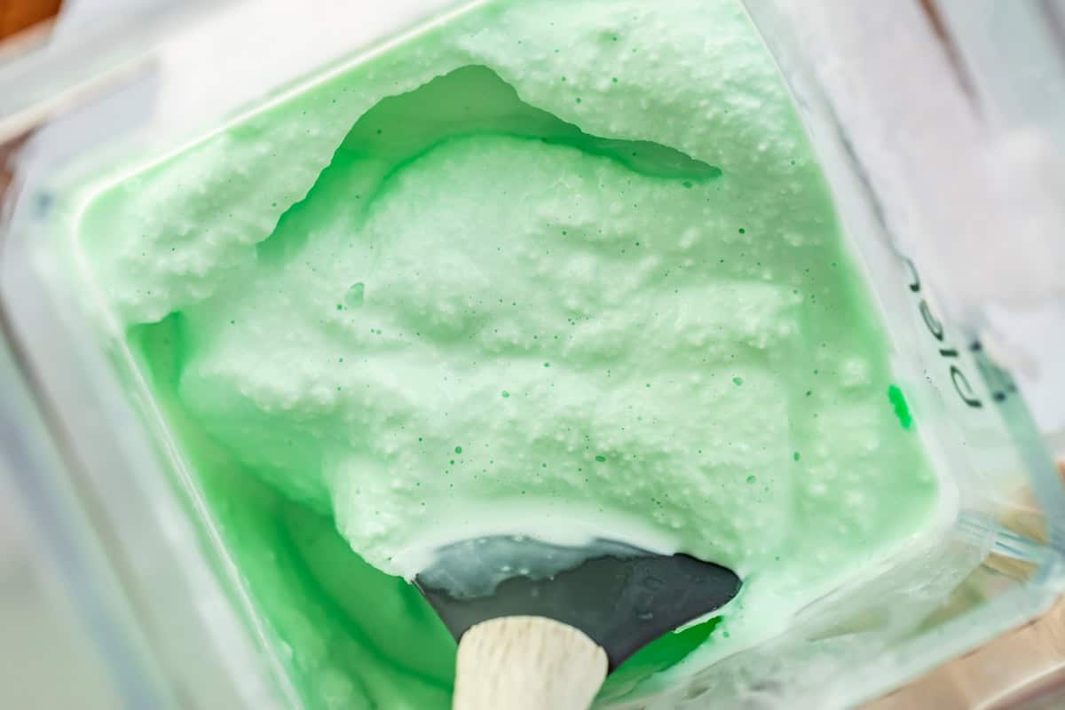 a spatula lifting up some blended shake in the plastic blender bowl.